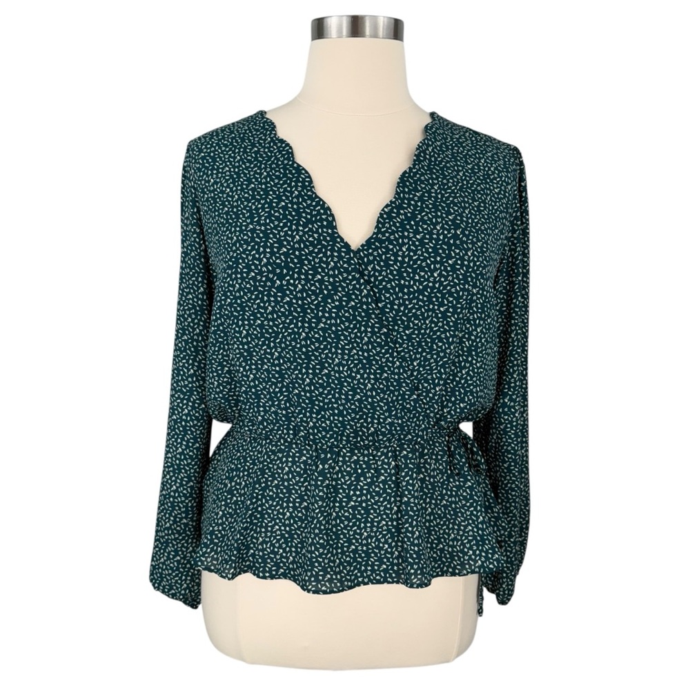 Nine Britton Cavanna Teal Green Faux Wrap Animal Print Dressy Peplum Blouse